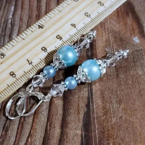 Light Blue Glass Pearl Sterling Silver Plated Handcrafted Dangle Earrings - Picture 11 of 11